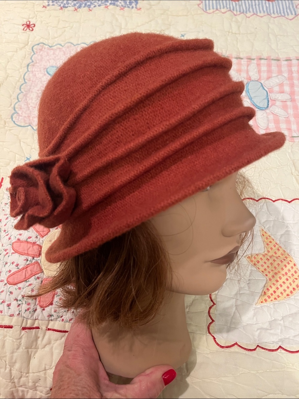 D&Y Rust Orange Wool Cloche Hat with Side Flower